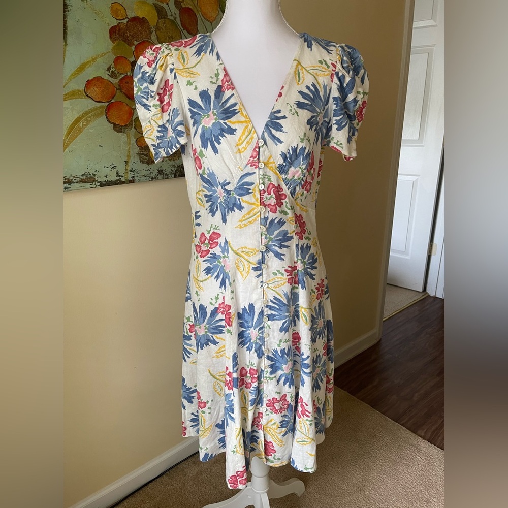 Polo by Ralph Lauren White Midi Dress with Blue, Pink & Yellow Floral Print